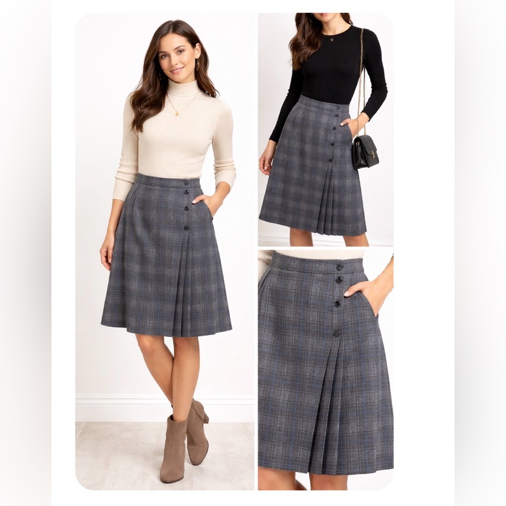 VINTAGE Elegant wool Gray pleated front panel Plaid Midi‎ Skirt 12